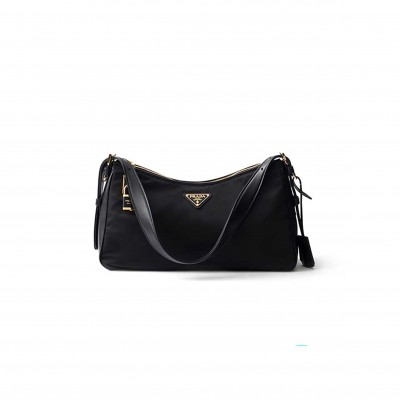 PRADA AIMÉE LARGE RE-NYLON AND LEATHER SHOULDER BAG WITH PADLOCK 1BC232 (34*19.5*10cm)
